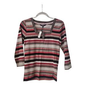 Maine New England NWT Womens 6 Top Brown Striped 3/4 Sleeves Square Neck Cotton